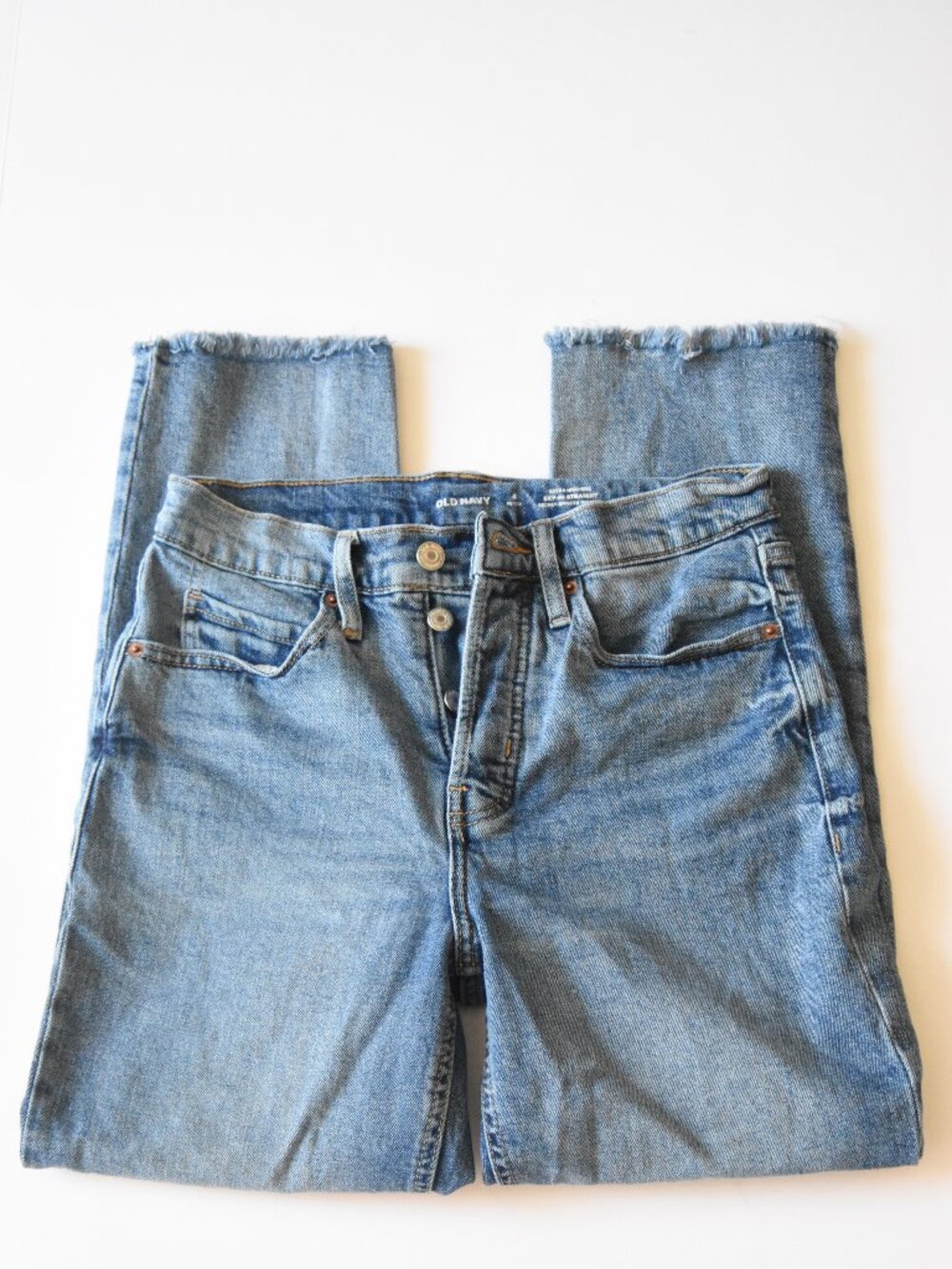 Old Navy Extra High-Rise Sky-Hi Straight Jeans 4 Petite Button Fly Secret Smooth